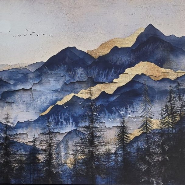 Privatpraxis für Psychotherapie Berglandschaft mit blauen und goldenen Farbtönen, umgeben von dunklen Silhouetten von Bäumen.